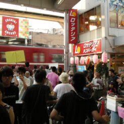 2007-08-26 17-11-18雑色商店街の祭りと高速で通過する京急の電車<br>高速で通過する電車の中で商店街の祭りをしている