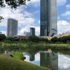 2020-08-02 11;05 港区海岸 旧芝離宮庭園と池に映るビル<br>混雑を避けて竹芝から水上バスで隅田川を上って押上 東京スカイツリー・浅草へ向かう