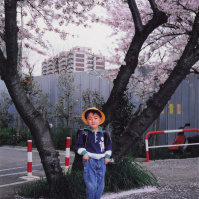 1991-04-06 小学校の入学式後に桜の前で写真を撮るCOTA